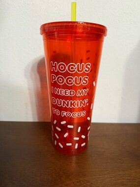 Dunkin Donuts neon orange hocus pocus I need Dunkin to focous plastic tumbler